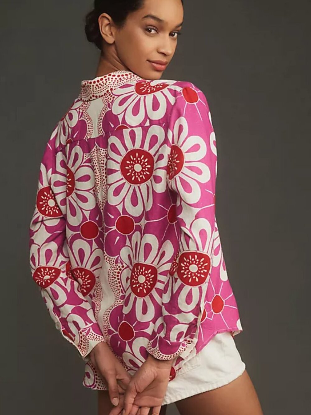 Farm Rio Anthropologie Long Sleeve Linen Tropical Print Buttondown Shirt S - Picture 12 of 12